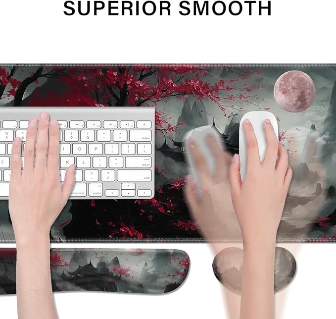 Desk Pad and Keyboard Wrist Rest,Janpense Large Mouse Pad + Keyboard Pad+Mouse Wrist Support, Non-Slip Desk Mat Protector for Office, Home 31.5×11.8 Inches Cherry Blossom