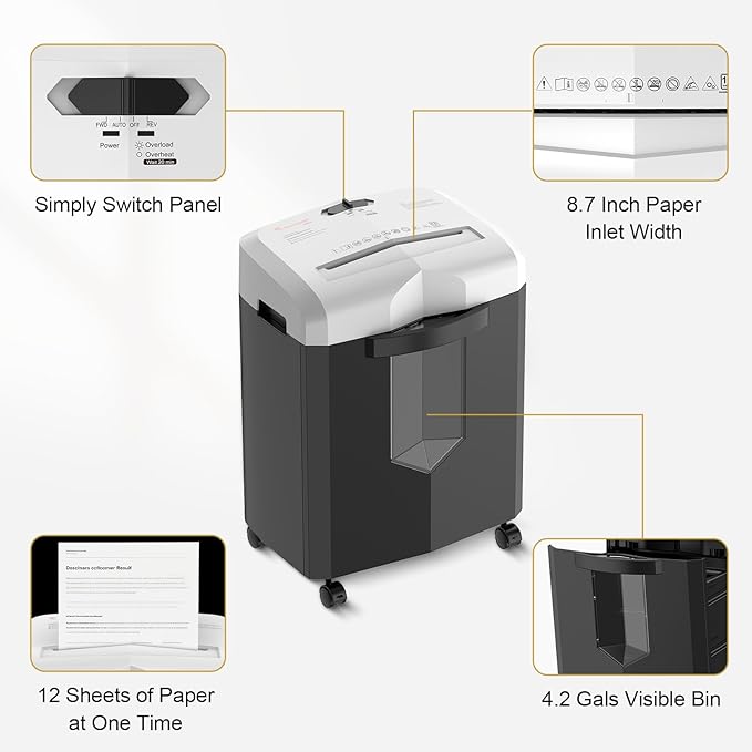 Bonsaii 12-Sheet Micro Cut Paper Shredder, 60-Minute P-4 High Security Shredders for Home Office, Shreds CD/Credit Card/Mail/Staple/Clip, Jam-Proof System with 4.2 Gal Pullout Bin (C266-BW)