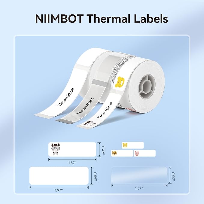 NIIMBOT Label Maker Tape for D110/D11/D101 Label Printer, Multi-Size | 3Rolls Pack | 0.59'' x 1.97''White, 0.55'' x 1.57''Transparent, 0.47'' x 1.57''Zoo, for Home Office School Labeling