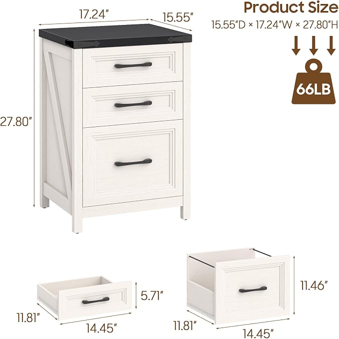 3 Drawer Vertical File Cabinet, Wood Farmhouse Cabinet, White and Black | Filing Cabinet Fits A4/Letter Size, Under Desk Small File Cabinets Printer Stand with Storage for Home Office