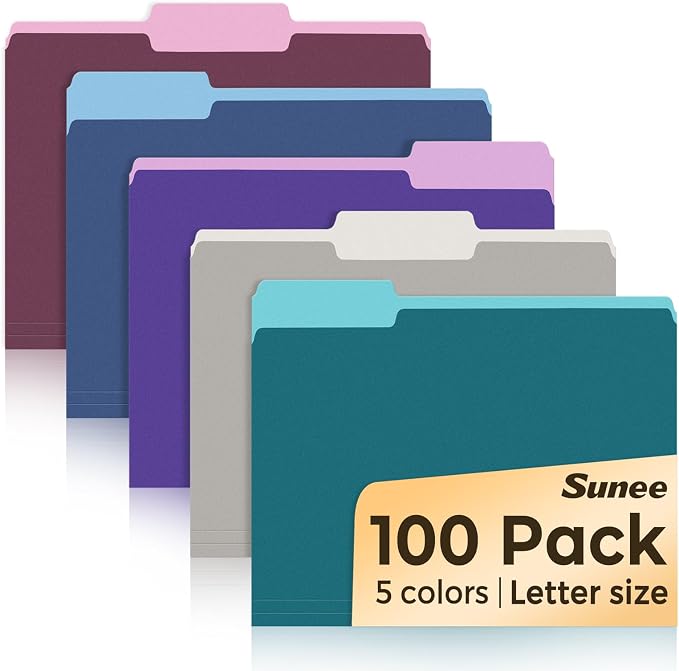 SUNEE File Folders Letter Size Vintage Colors, 100 Pack Manilla Folders 8.5 x 11 1/3-Cut Tabs, Colored File Folders Office Home School for Documents Files Paper