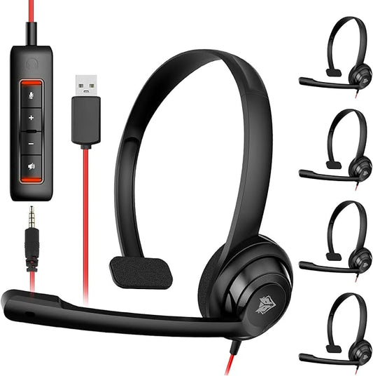 NUBWO HW02 USB Headset with Microphone Noise Cancelling &in-line Control, Ultra Comfort Computer Headset for Laptop pc, On-Ear Wired Office Call Center Headsets for Boom Skype Webinars, 5 Packs