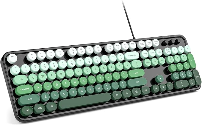 MOWUX Computer Keyboard Wired, Plug and Play USB Retro Round Typewriter Keyboard, Full Size Wired Keyboard with Foldable Stands for Laptop and Office PC- Black Green Gradient