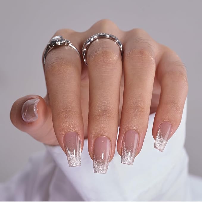 BTArtbox Press On Nails Short - Cat Eye French Tip Press On Nails Coffin, Light Weight & Fit Perfectly Nail Tips, Natural Fake Nail with Glue, Glue On Nails in 16 Sizes - 32 Nail Kit, Milky Way