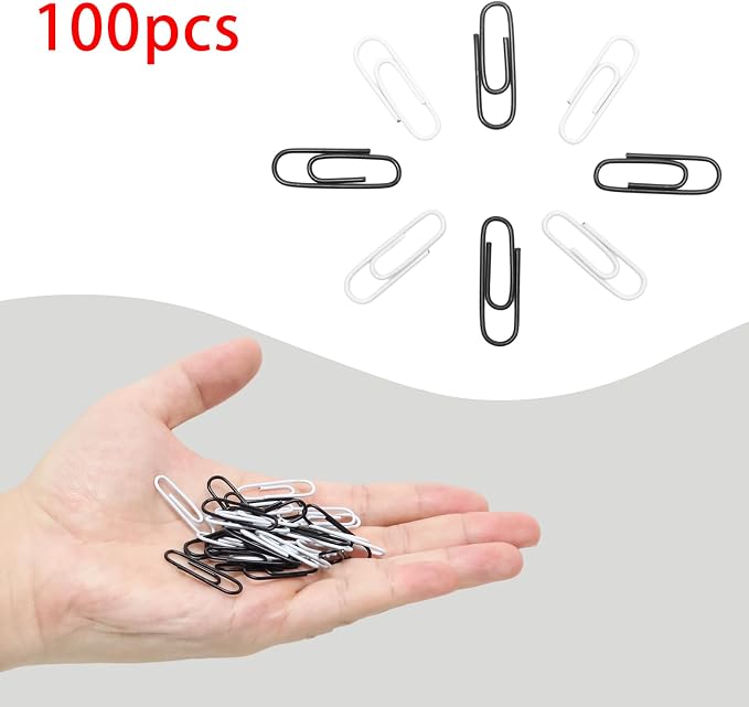 100 Pcs Black and White Paper Clips, 1.1 Inch (28mm) Colorful Paperclips | Vinyl Coated, Colored Paper Clips, Rust Proof, for Office, School, DIY, Bookmarks and Document Organization