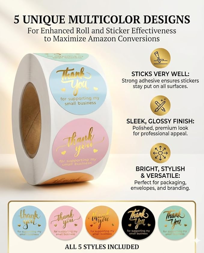 800 Thank You Stickers – 1.5" Round Labels (5 Designs, Multicolor) for Small Business, Packaging, Envelopes, Gift Bags, Bakery, Party Favors – Self-Adhesive Waterproof Thank You Sticker Roll
