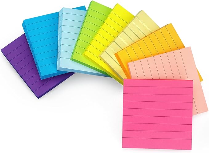 Early Buy Lined Sticky Notes 3x3 inch, 9 Bright Colors, 70 Sheets/Pad | 9 Pads, Self-Stick, Ideal for reminders, lists, and office organization