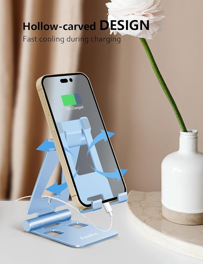 Aoviho Foldable Cell Phone Stand for Desk, Holder for iPhone,Sky Blue | Folds Flat for Easy Storage, Hands-Free Viewing, Fits iPhone 17/16/15 Series & Samsung Galaxy, Ideal for Office & Home
