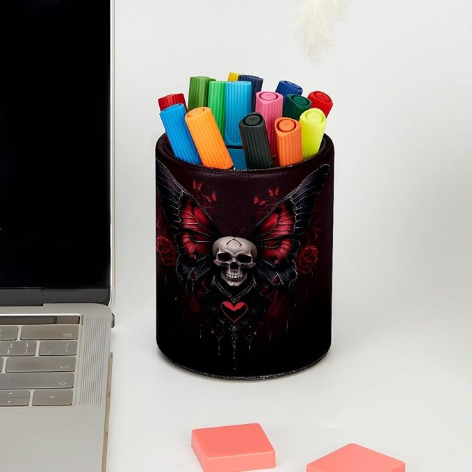 Leather Pen Holder for Desk, Skull Butterfly Pencil Cup Pen Organizer Makeup Brush Holder for Office Home Kids Countertop Desk Accessory Storage