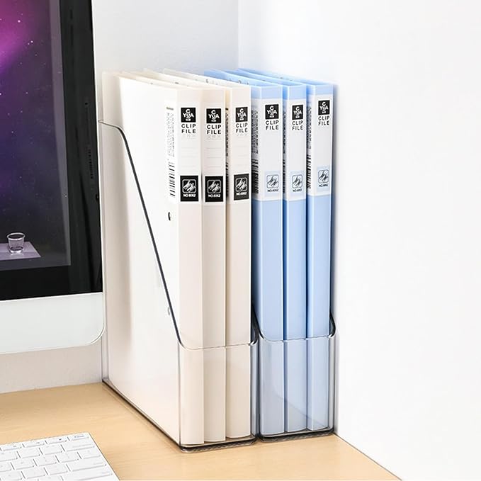 4-Pack Acrylic Vertical Magazine Holder & Book Organizer Clear Desktop File Storage Rack for Office/Home, Includes 6 Silicone Bookmarks (Space-Saving Design)
