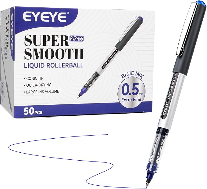 EYEYE Blue Rollerball Pens 50 Pack, 0.5mm Extra Fine Point Roller Ball Pen | Back to School Essential, Quick Drying, Liquid Ink Pens Fine Point Smooth Writing Pen for Journaling, Office Supplies