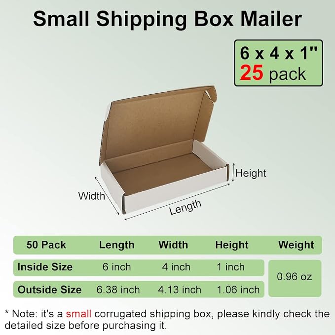6x4x1'' Small Shipping Boxes 25 Pack, White Corrugated Cardboard Literature Mailers, Mailing Packaging Supplies for Small Business (W641-25)