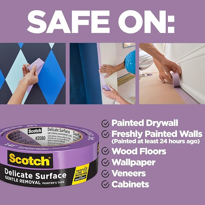 Scotch Delicate Surfaces Painters Tape, 0.94 in x 60 yd, Damage-Free Painting Prep, Protect Delicate Surfaces, UV & Sunlight Resistant, Solvent-Free Adhesive, Indoor Masking Tape, 1 Roll (2080EL-24E)