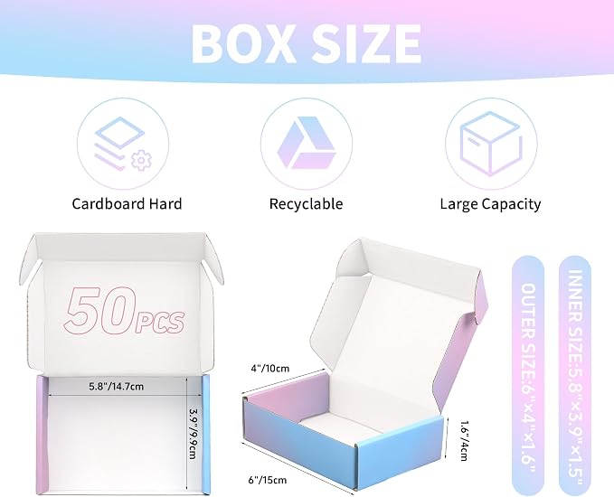 Purple Shipping Boxes 6x4x1.6 in - Set of 50: Small Corrugated Cardboard Boxes - Shipping Boxes for Small Business