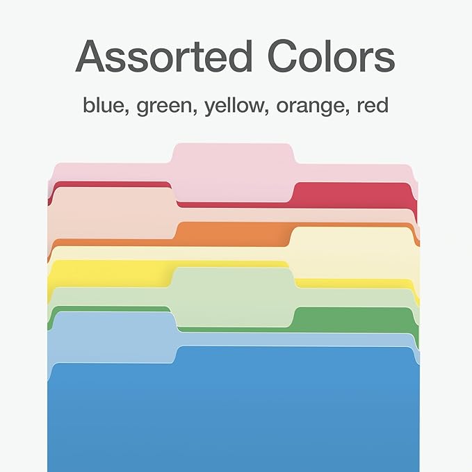 Pendaflex File Folders, 100 Pack, Letter Size (8.5" x 11"), 3 Tabs, Durable Paper, 5 Colors: Blue, Green, Red, Yellow, Orange, Coding for School, Office & Home Document Organization
