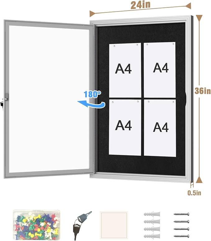 Mifuro 36"x24" Enclosed Bulletin Board, Outdoor Lockable Weather-Resistant Aluminum Cork Noticeboard for School & Office, Silver Frame w/Black Flet