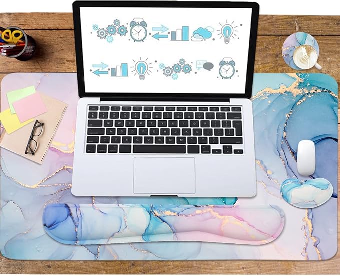 4-in-1 Large Gaming Mouse Pad, Keyboard Wrist Rest Pad & Wrist Support Mousepad Set, Extended Desk Pad Waterproof Desk Mat for Home Office Study Game - Blue