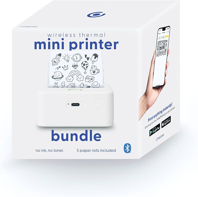 Core Innovations Wireless Mini Portable Inkless Thermal Printer & LabelMaker + Paper White