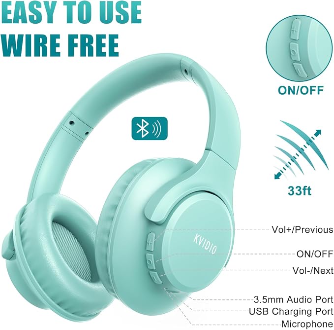 KVIDIO Bluetooth Headphones Wireless Over Ear Headsets 65H Playtime | Deep Bass, HiFi Stereo, Bluetooth 6.0, Microphone, Comfortable Fit, Foldable, Lightweight, Low Latency for Travel Home Office
