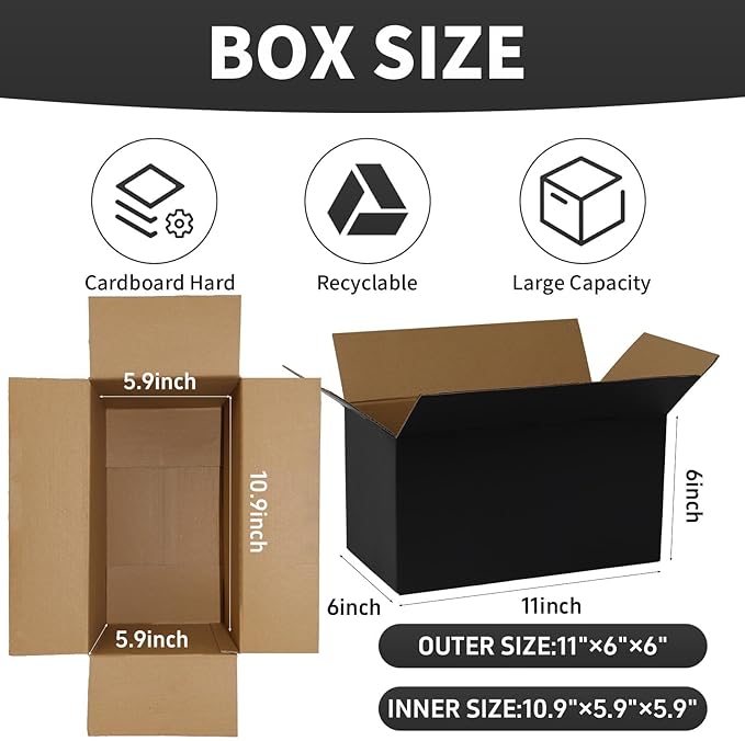 11x6x6 Inch Medium Shipping Boxes 30 Pack, Black Corrugated Cardboard Box, Mailing Packaging Boxes for Small Business