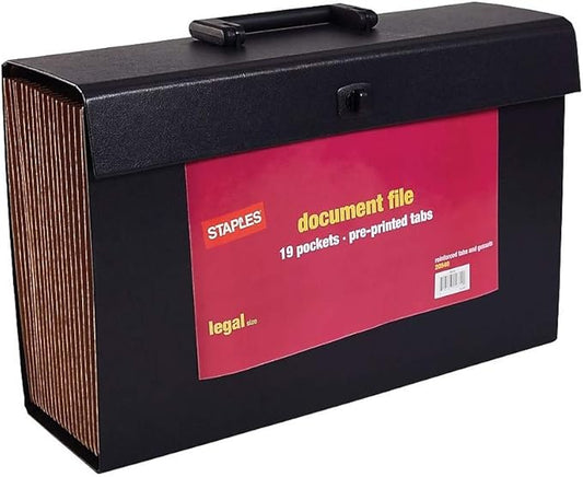 Staples Expanding File with A‑Z Index, Legal Size, 19‑Pocket Accordion Organizer, Durable Black Construction
