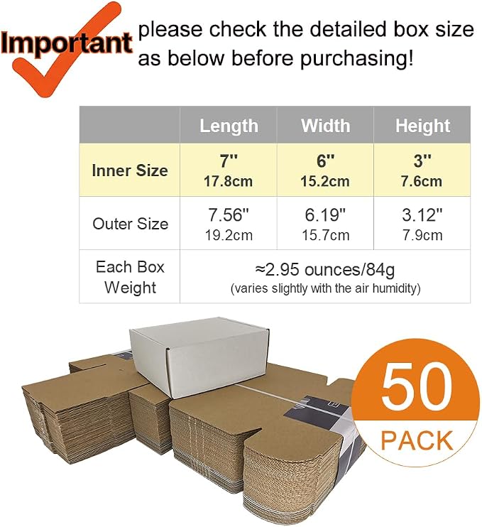 50 Pack 7x6x3'' Small Shipping Boxes, Corrugated Cardboard Mailers for Business, White (CM763)