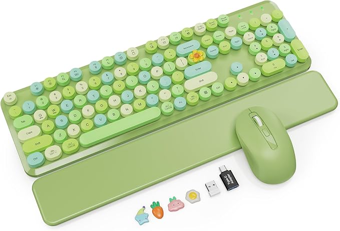 Wireless Keyboard and Mouse Combo with Magnetic Wrist Rest, Round Keycaps, Full-Size Retro Typewriter-Style, Two-Stage Tilt Legs, Auto-Sleep, 2.4G Wireless for Windows Mac Laptop PC, Green Colorful