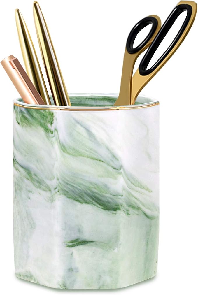 Pencil Holder, Pencil Cup for Desk, Makeup Brush Holder Cup, Cute Pencil Stand Marble Decorative for Kids Durable Ceramic Desk Organizer for Office, Classroom, Home, Antique Green Marble