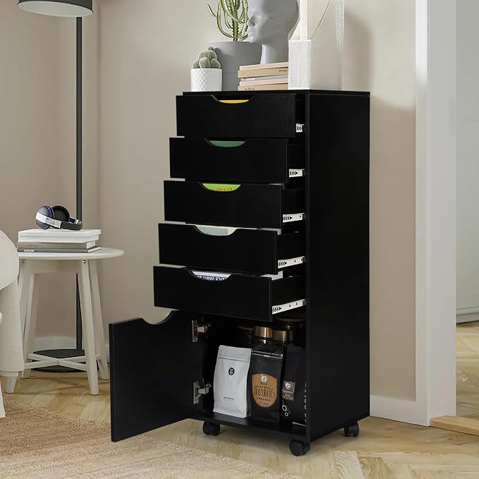 TUSY Mobile File Cabinet, 5-Drawer Storage Cabinet, Vertical Rolling Storage Organizer Chest with Wheels & Anti-Tip Kit, for Home Office, Craft Room, Black