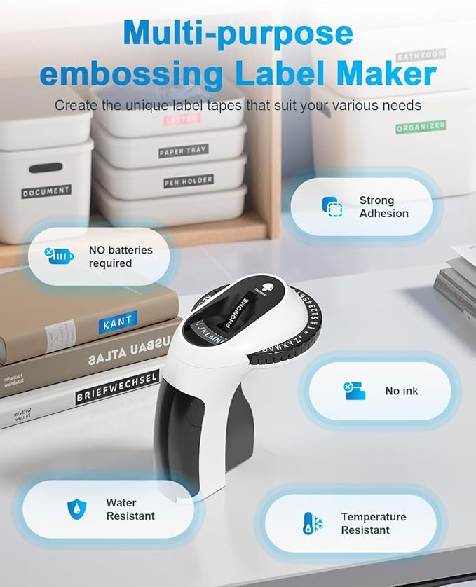 Phomemo Embossing Label Maker Machine with Tape, Retro Manual Embossed Label Maker, Scrapbook Supplies Journal Kit, Old School Embosser Labeler with 6 Rolls 3D Embossing Label Tapes