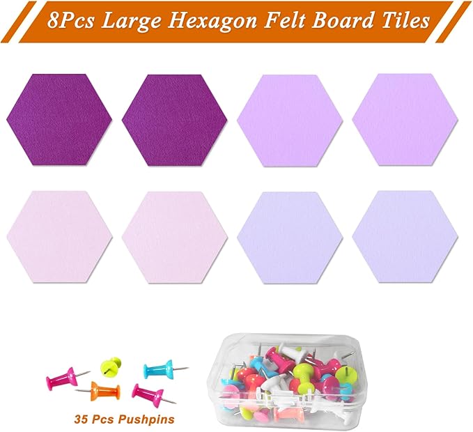 Large Hexagon Felt Cork Board Tiles, Self Adhesive DIY Felt Bulletin Board Pin Board with 35 Pushpins for Office School Home Wall Decor Stickers Memos Photos Display(Purple+Pink)