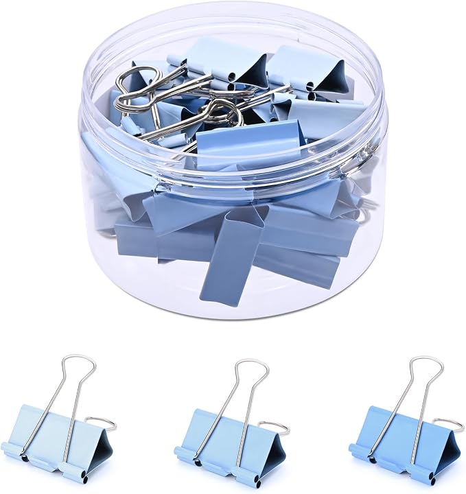 Temiary Binder Clips, Medium Metal Binder Paper Clip Blue 1.26Inch, 24 Pcs | Colored Binding Paperwork Clamp Bulk for Office, Home, School