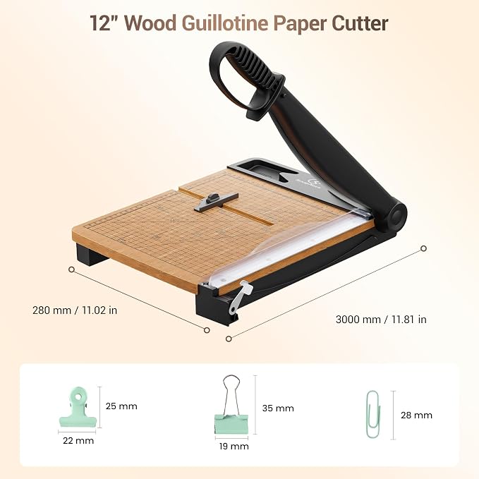 12 Inch Heavy Duty Paper Cutter, Wood Guillotine Paper Trimmer | 30 Sheets Capacity Paper Cutting Board for Classroom, Crafting, Cardstock,School Black