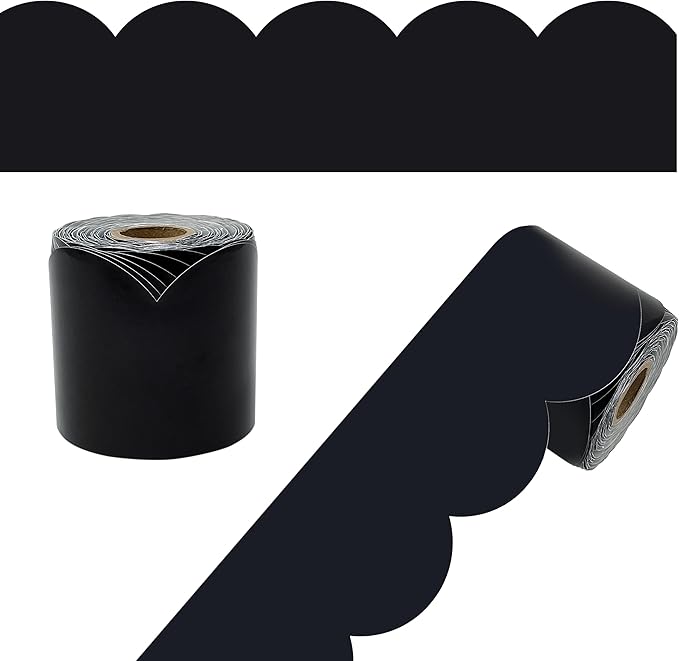 Carson Dellosa Education 65Ft of Black Bulletin Board Borders, 1 Roll of Scalloped Trim for Rolling Whiteboard, Cork and Posterboard, Party, Office Decorations, and Classroom Decor