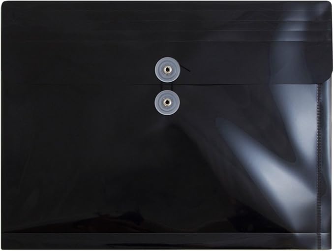 JAM PAPER Plastic Envelopes with Button & String Tie Closure - Letter Booklet - 9 3/4 x 13 - Black - 12/Pack