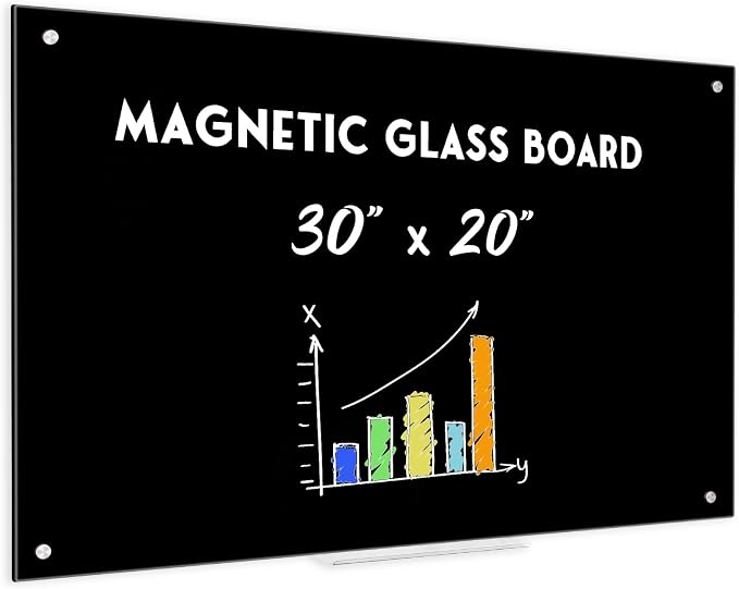 Magnetic Black Glass Dry Erase Board, 30" x 20", Frameless Wall Mount | Glass Whiteboard for Wall, Includes 1 Marker Tray and 6 Magnets, White Board for Office, Home, Classroom
