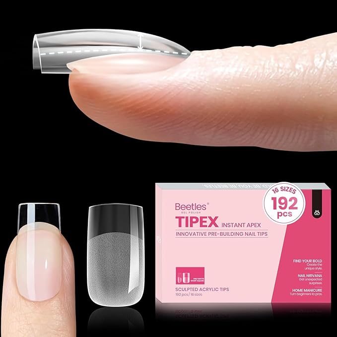 Beetles Tipex Instant Apex Nail Tips, Short Square, 16 Sizes |00–14, 192pcs, Built-In Apex, No Builder Gel Required, Thicker Strong Acrylic Tips for DIY Nail Extensions