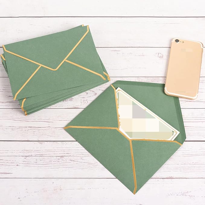 100 Pack A7 Envelopes 5 x 7 Card Envelopes V Flap with Gold Border for Office, Wedding Gift Cards, Invitations, Graduation, Baby Shower, Parties (Sage-Green, 5.32 x 7.28 Inches)