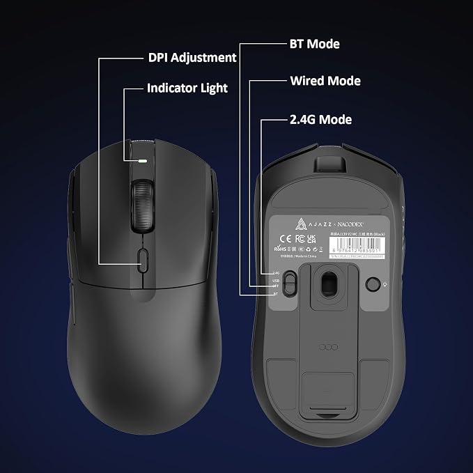 AJAZZ AJ139 V2 MC Wireless Gaming Mouse with RGB Charging Dock, 66g Ultra-Lightweight Tri-Mode Optical Mouse, 12000 DPI PAW3311 Sensor, Ergonomic Rechargeable Gaming Mouse for PC/Mac - Black