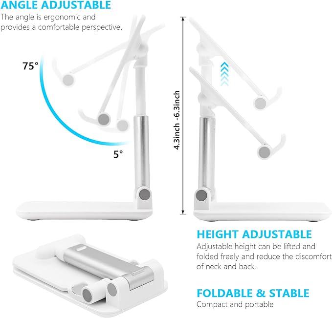 Cell Phone Stand for Desk, Angle & Height Adjustable Phone Holder, (White) | Fully Foldable, Fits for All Under 6.5" Smartphones, Ideal for Home, Office & Travel Use