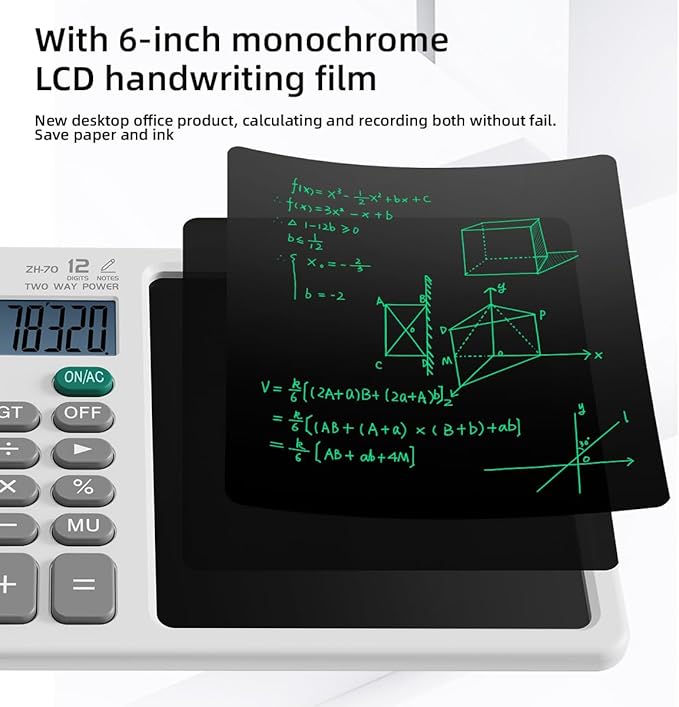 Desk Calculator with Erasable Writing Pad, 12-Digit Wide Screen Display, 100,000+ Reusable LCD Notepad, One-Click Clear & Lock Function, Solar and Battery Dual Power for Office,School,Business (White)