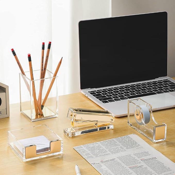Acrylic Gold Tape Dispenser & Desktop Stapler, Includes Staple Remover, Tape, 1000pcs Staples - Cute Office Stapler Set for Modern Design Desk Accessory Kit