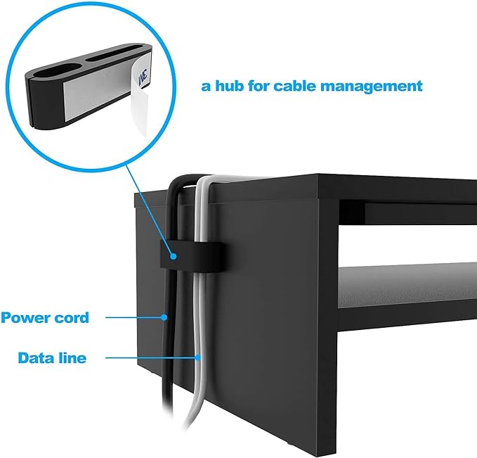 BONTEC Wood Monitor Stand Riser, 2-Tier Desktop Organizer | Ergonomic Computer Stand for Desk, Cable Management, Cellphone Holder, 21.3 Inch Shelf, Black