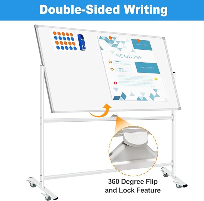 Double-Sided Mobile Whiteboard 48 x 36, Rolling Magnetic Board With Stands, Dry Erase on Wheels, Large White Board With 1 Eraser, 4 Markers and 20 Magnets