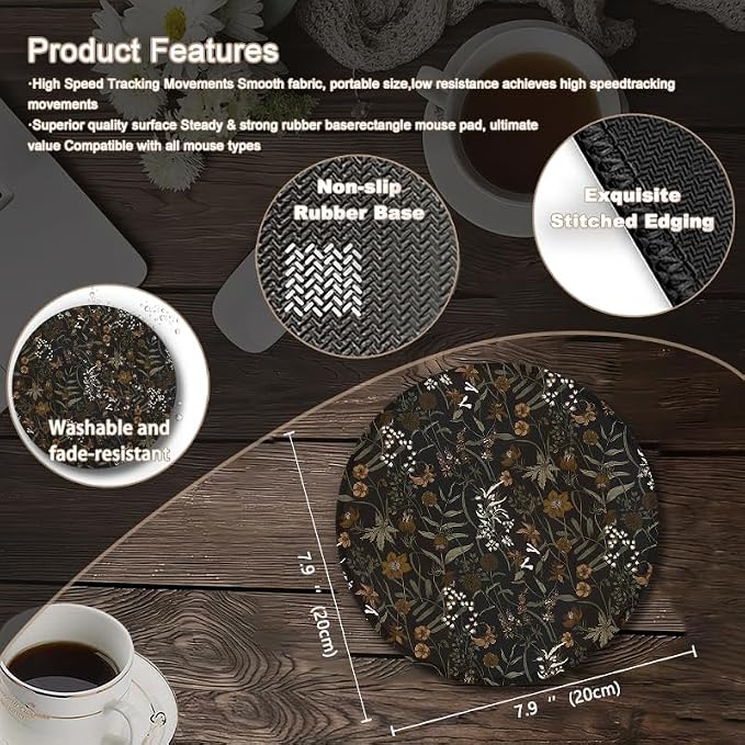 Vintage Moody Plant Round Mouse Pad, Maximalist Dark Academia Wildflower Floral Botanical Mousepad Mat for Home Office Computer Laptop Desk Accessories 7.9x7.9 in