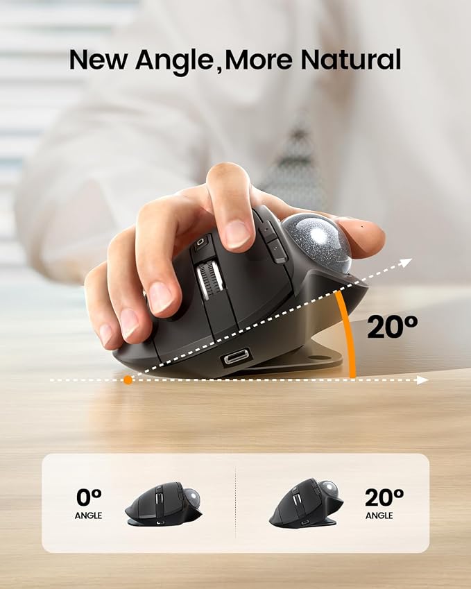 ProtoArc EM01 NL Wireless Trackball Mouse, Thumb Control, Silver | 0/20° Adjustable Angle to Reduce Fatigue, Triple-Device Bluetooth & 2.4G USB-A for Office Use, Silent Click, Easy to Clean