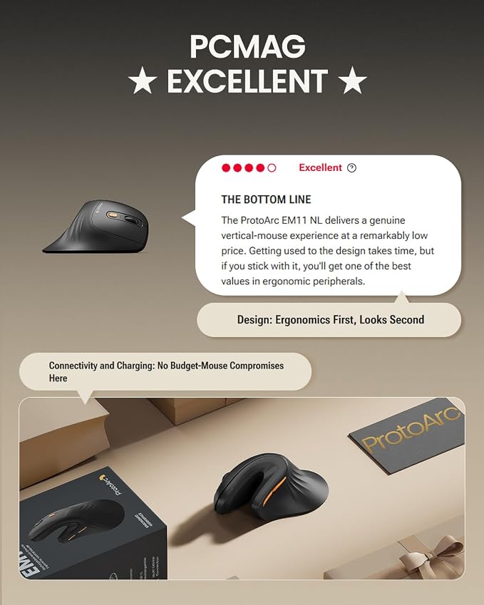 ProtoArc EM11 NL Wireless Ergonomic Vertical Mouse, Rechargeable, Black | 58° vertical design supports a natural wrist posture, connect 3 devices via Bluetooth/2.4G USB-A, 500mAh USB-C rechargeable.