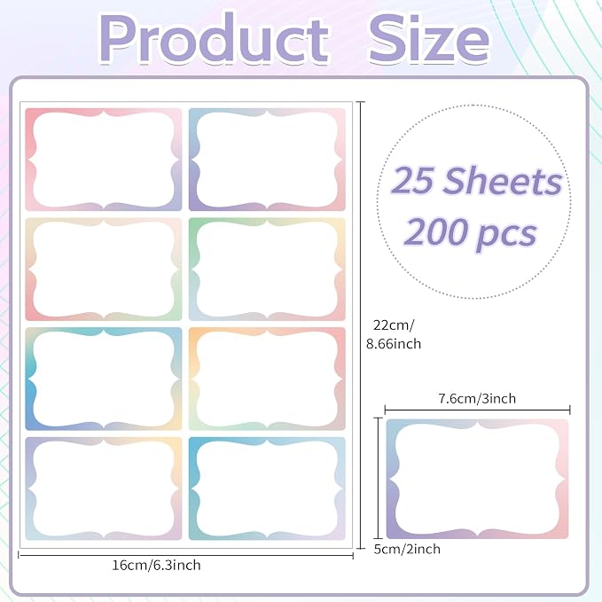 Starboling Gradient Color Plain Stickers, 200 Pcs, 3"x2" Border - Office, School & Home Name Labels
