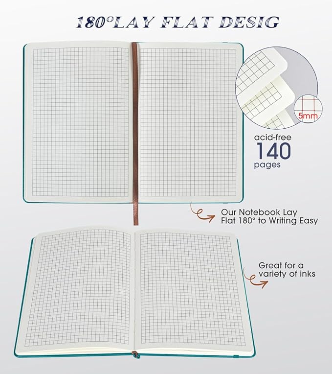 Graph Paper Notebook Journal for Women Men,140 Pages Hardcover Grid Notebooks for Work & School,Leather Journals for Writing, Graphing Paper Notebook 5.7"×8.3" (Blue)