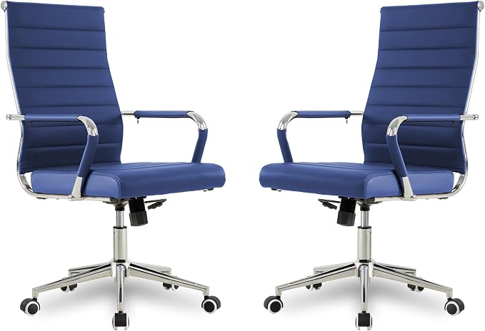 Okeysen Office Desk Chair, Ergonomic Leather Modern Conference Room Chairs, Executive Ribbed Height Adjustable Swivel Rolling Chair for Home Office Set of 2. (Blue)